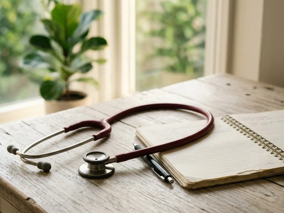 A stethoscope, notebook and pen on a desk by a window