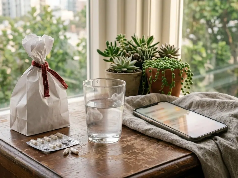 A pharmacy bag, medicine, a glass of water and a phone on a windowsill table