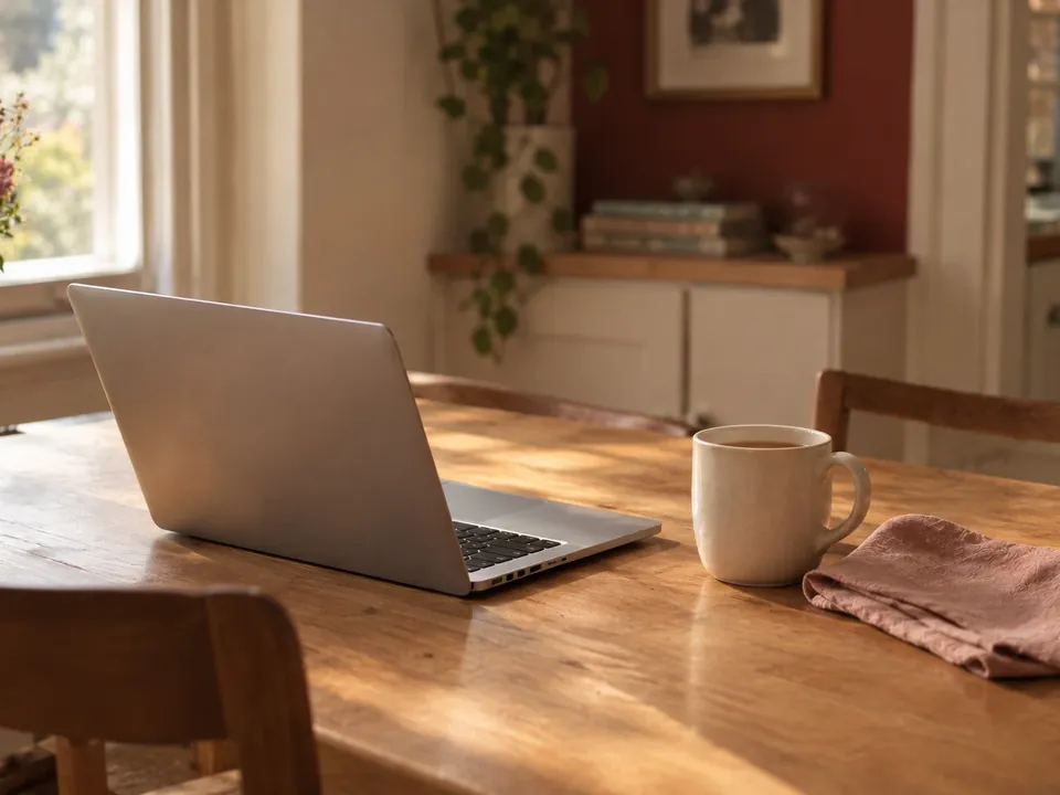 A laptop and a mug of tea on a kitchen table, ready for a video consultation